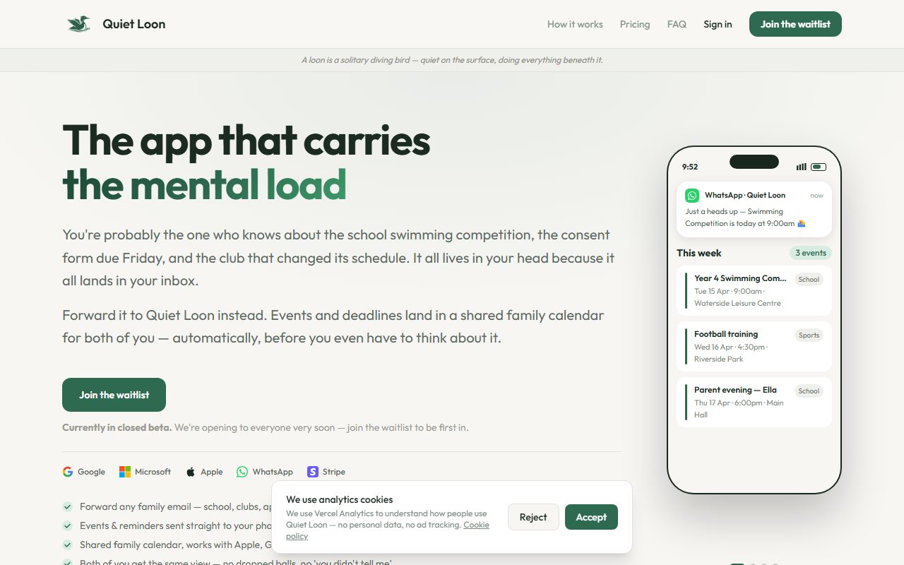 Screenshot of the Quiet Loon web application