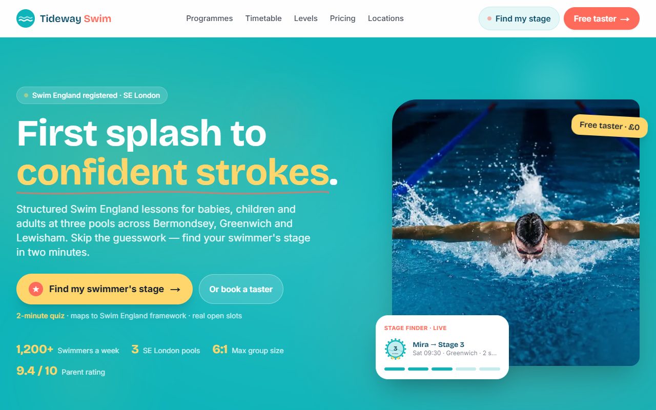 Concept marketing site for a swim school